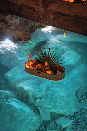 An underwater pool with a floating planter containing plants and decorative items.