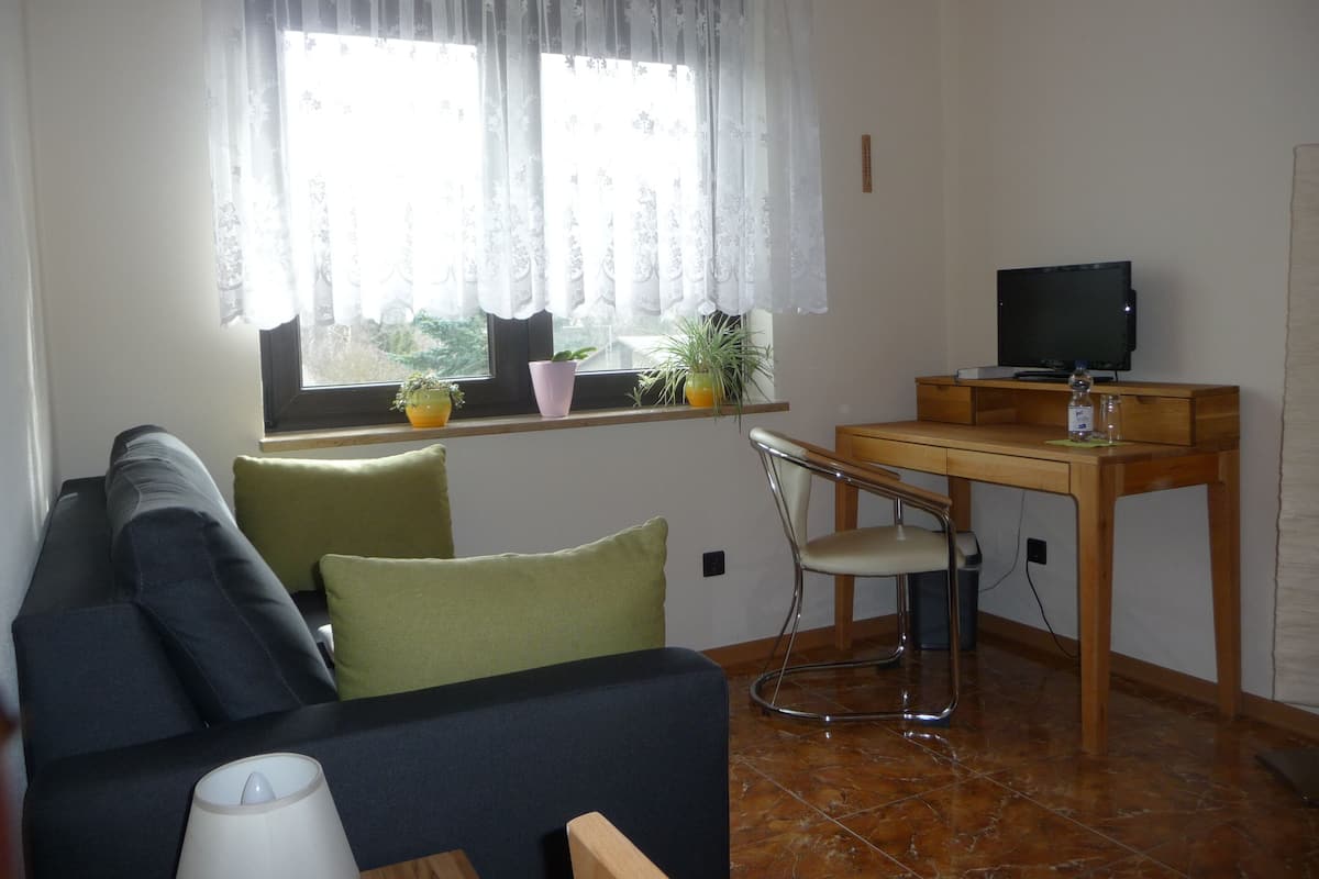A living room with a sofa, a dining table, a TV, and potted plants by the window.