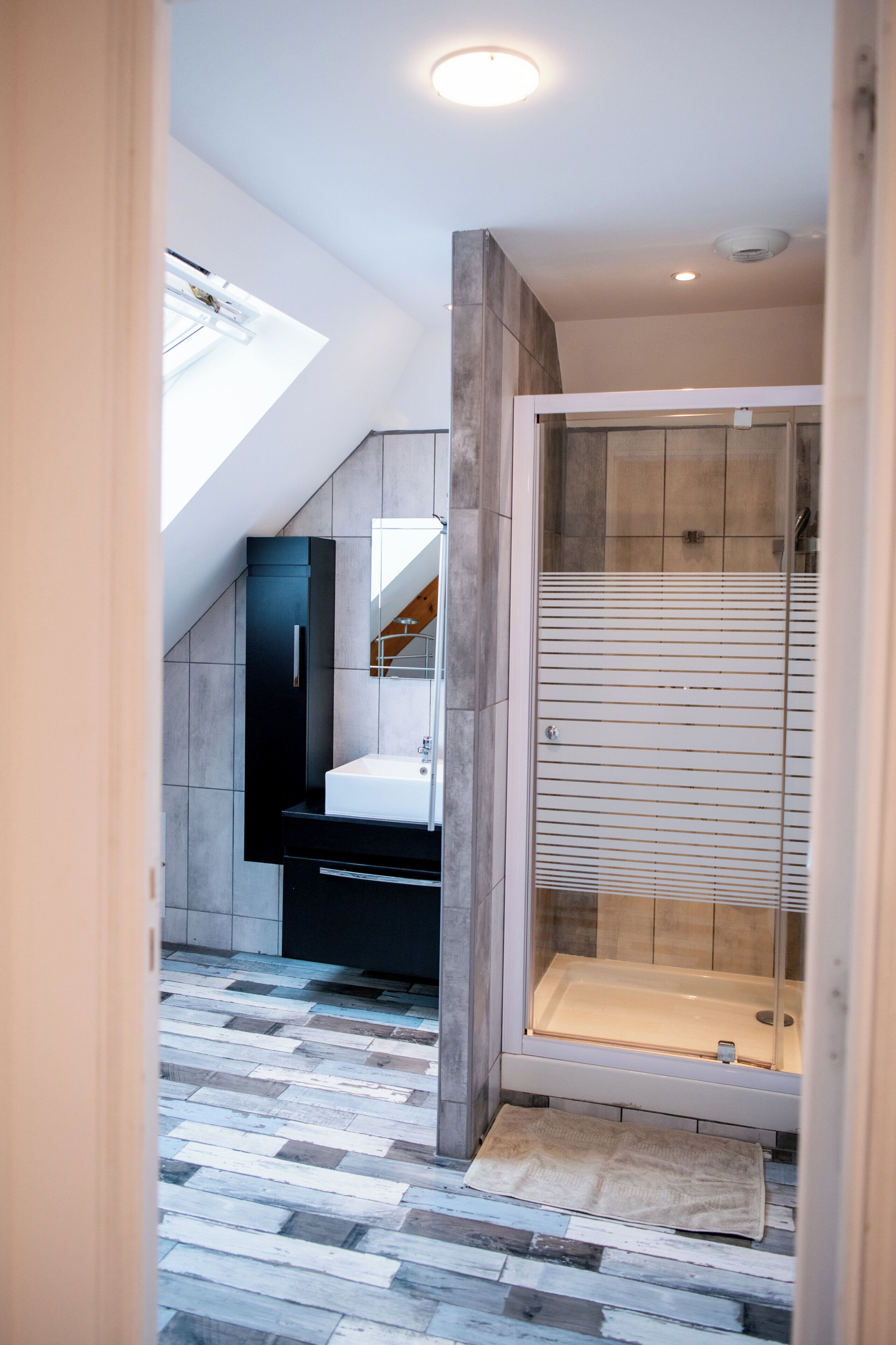 A modern bathroom with a skylight, a walk-in shower, and a tiled floor.