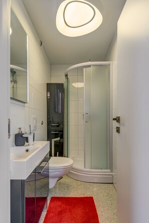 Shower, hair dryer, bathrobes, slippers