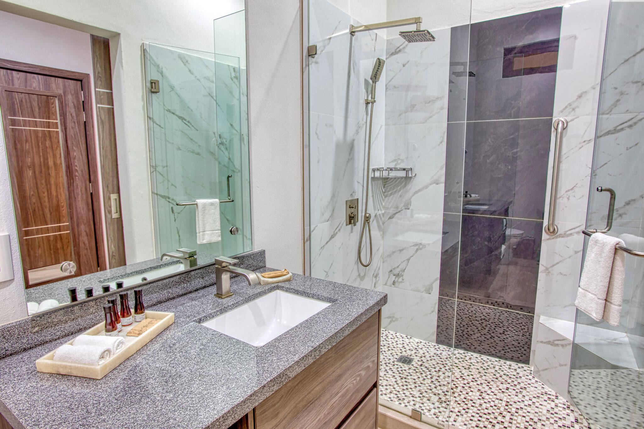 free toiletries, hair dryer, bathrobes, towels