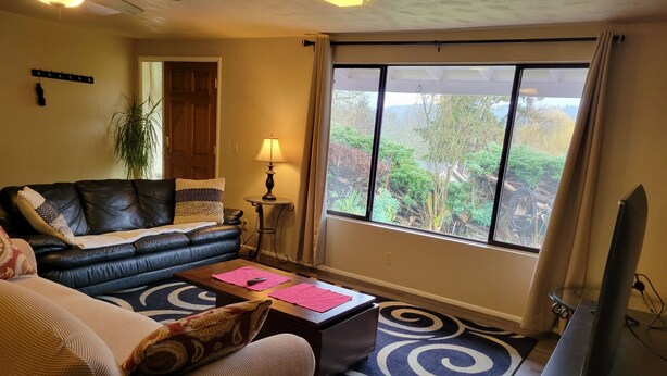 A living room with a sofa, coffee table, lamp, and a TV. - South Hills Rose house (Eugene)