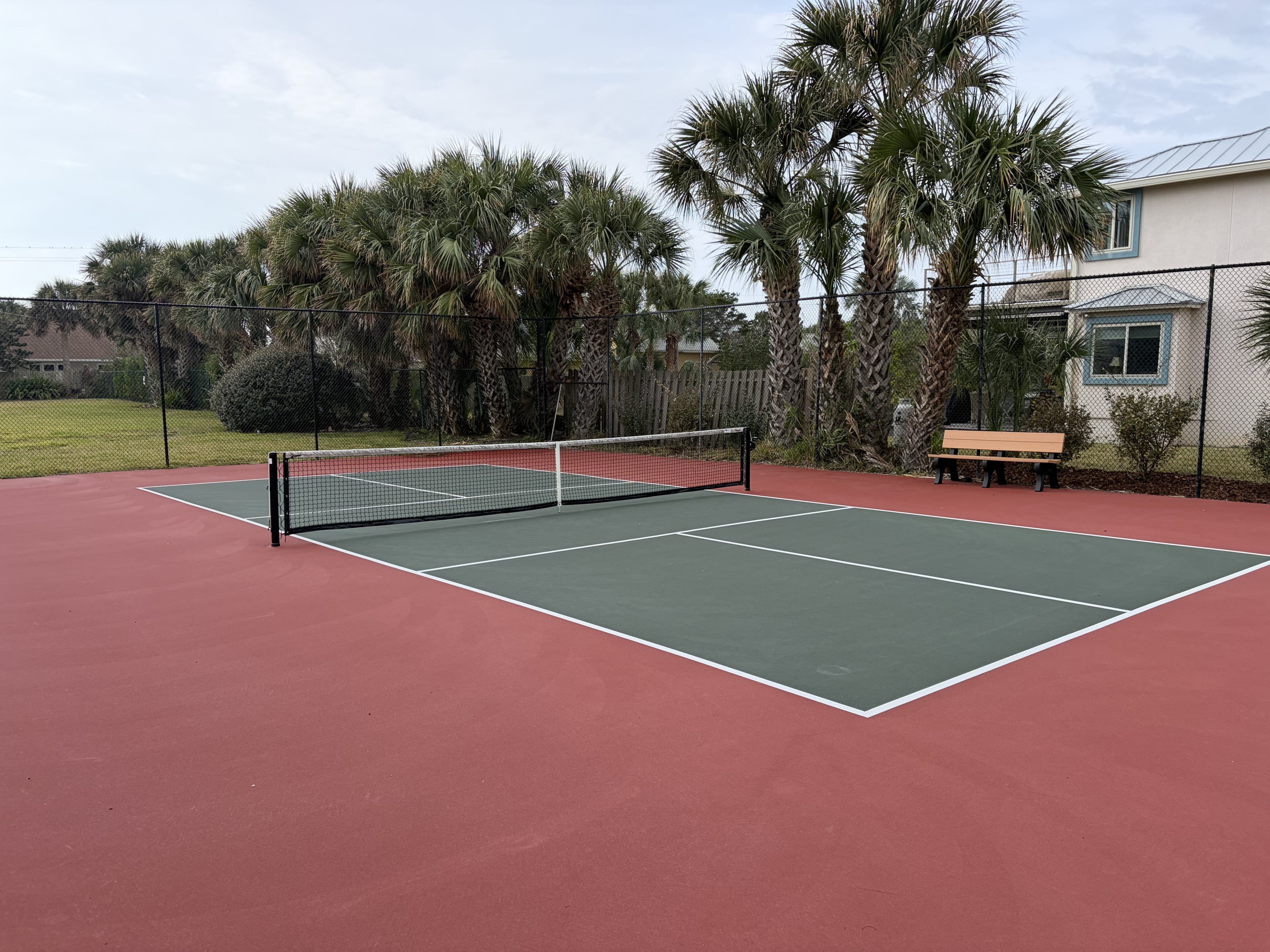 A tennis court with a net, surrounded by a fence and palm trees.