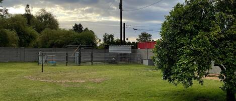 A grassy field with a fenced area, a red building, and a utility pole.