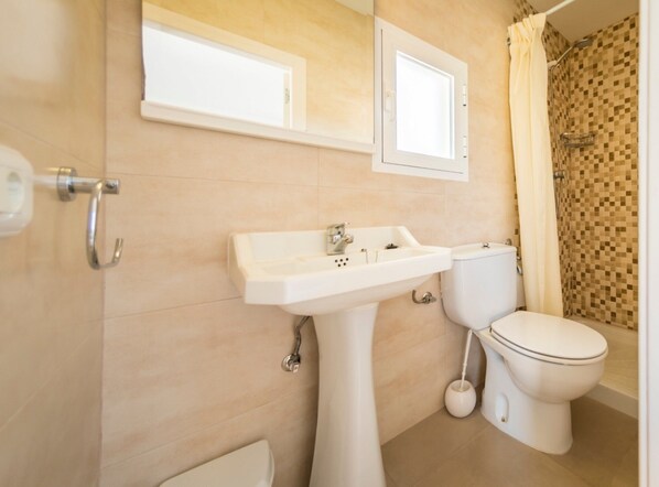 Un baño con lavabo, inodoro y ducha.