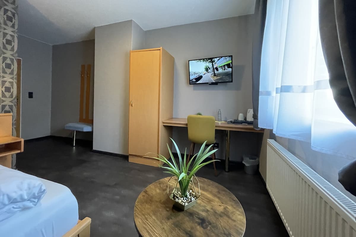A hotel room with a bed, a desk, a chair, a TV, and a plant.
