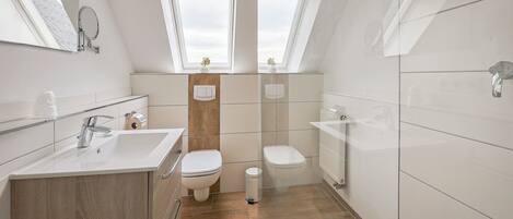 A modern bathroom with a skylight, a sink, a toilet, and a shower area.
