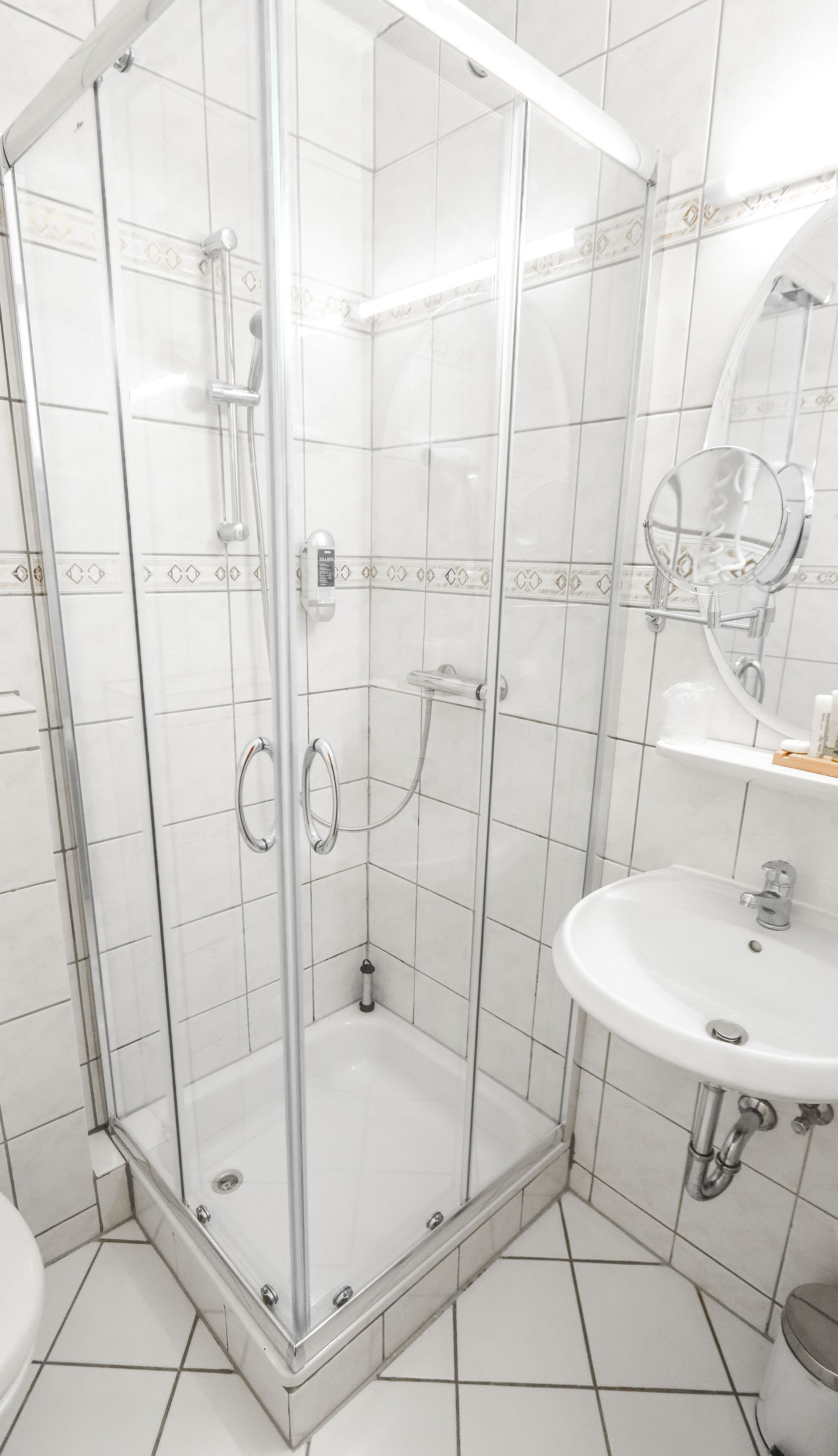 A modern bathroom with a glass-enclosed shower, a white sink, and a mirror.