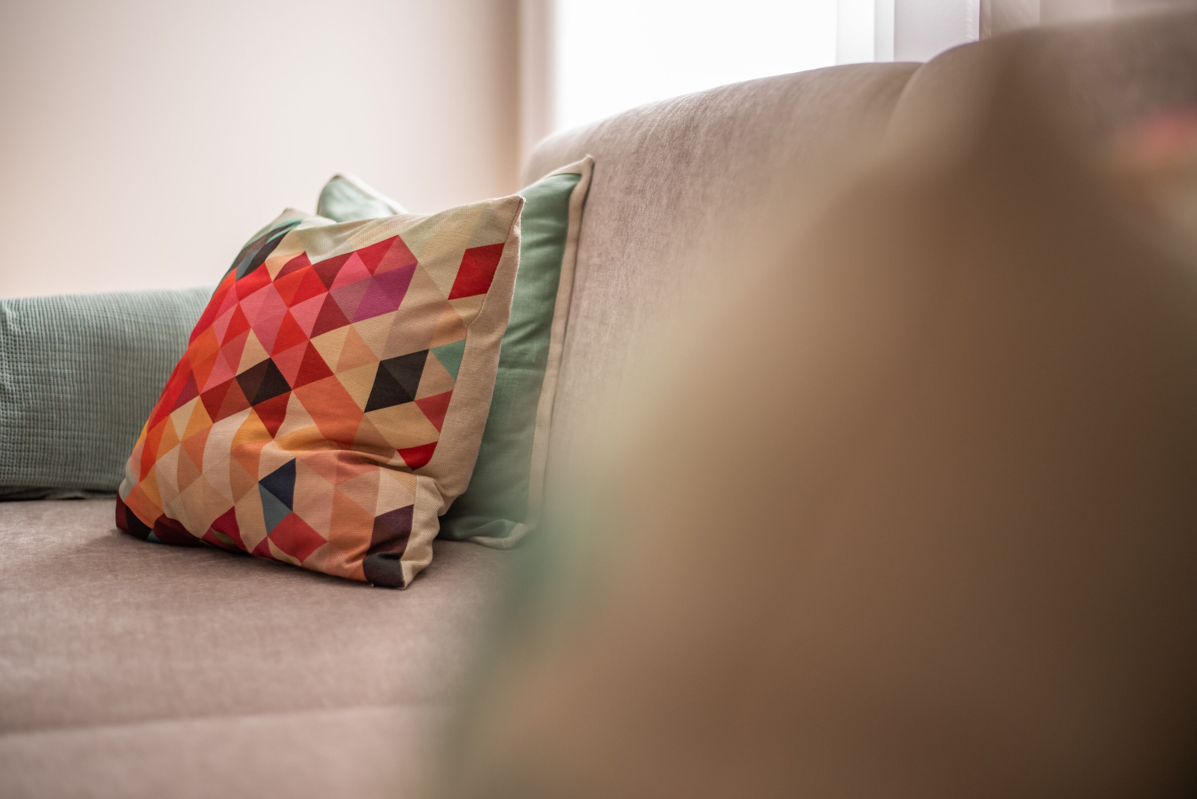 Un canapé agrémenté d’un coussin à motifs et d’un coussin uni de couleur verte.
