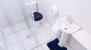 Chuveiro, secador de cabelo, toalhas de banho, papel higiênico