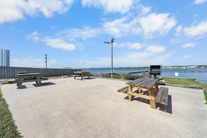 Enjoy a serene outdoor space with picnic tables and benches overlooking a body of water.