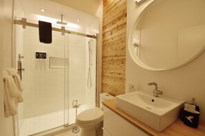 Suite estudio Prestigio, 1 cama Queen size, cocina | Baño | Regadera, regadera tipo lluvia, amenidades de baño gratuitas 