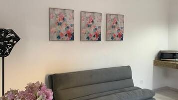 Habitación básica doble | Área de sala de estar | Smart TV de 40 pulgadas con canales por cable y televisión