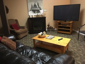 TV, fireplace, books