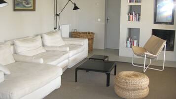 Télévision, cheminée, table de tennis de table, livres