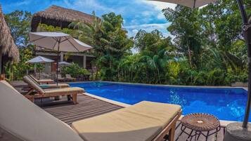 Outdoor pool, open 9:00 AM to 9:00 PM, sun loungers