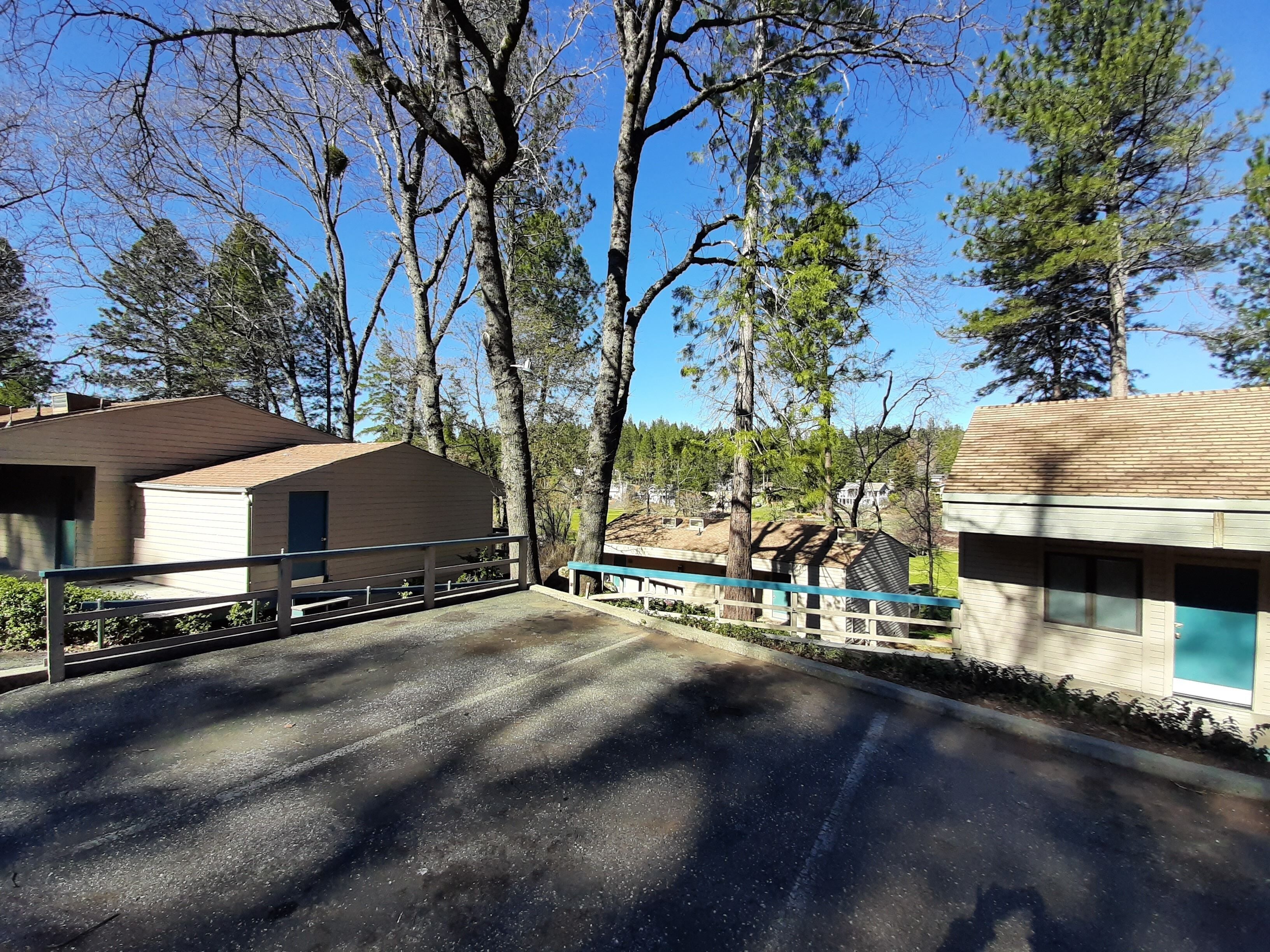 A residential area with houses, a paved road, and trees.