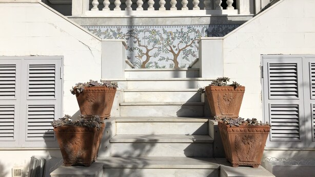 A set of stone steps leading up to a white building with a balcony. There are two large terracotta pots with plants on the steps. - CasaVostra al Parco (Catania)