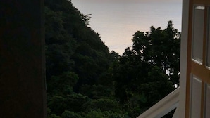 A view from a balcony with a railing, overlooking a body of water and dense greenery. - Castara Inn (Castara)