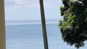 A view of the ocean from a porch with a white railing, a palm tree, and a boat in the distance. - Castara Inn (Castara)