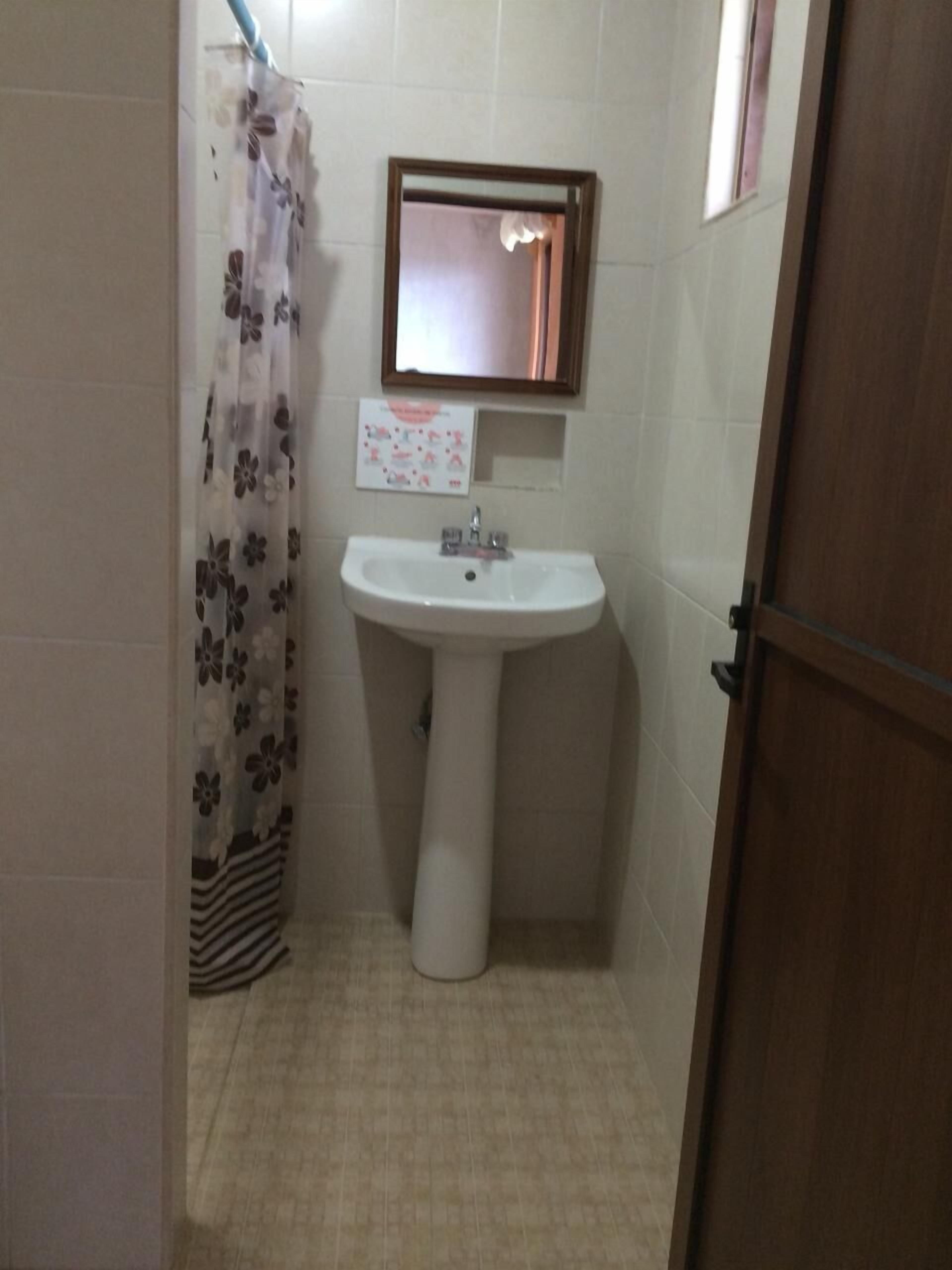 A bathroom with a white sink, a mirror, and a shower curtain.