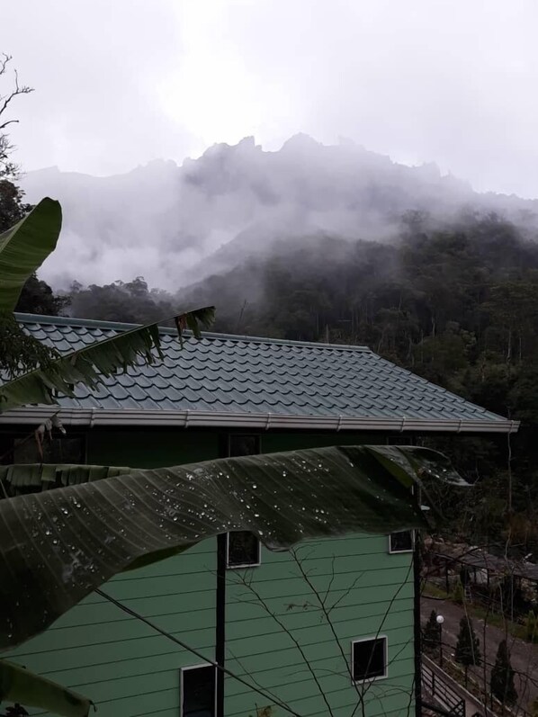 A building with a green roof and a view of mist-covered mountains. - D'La Sri Cottage - Asia Camp (Ranau)