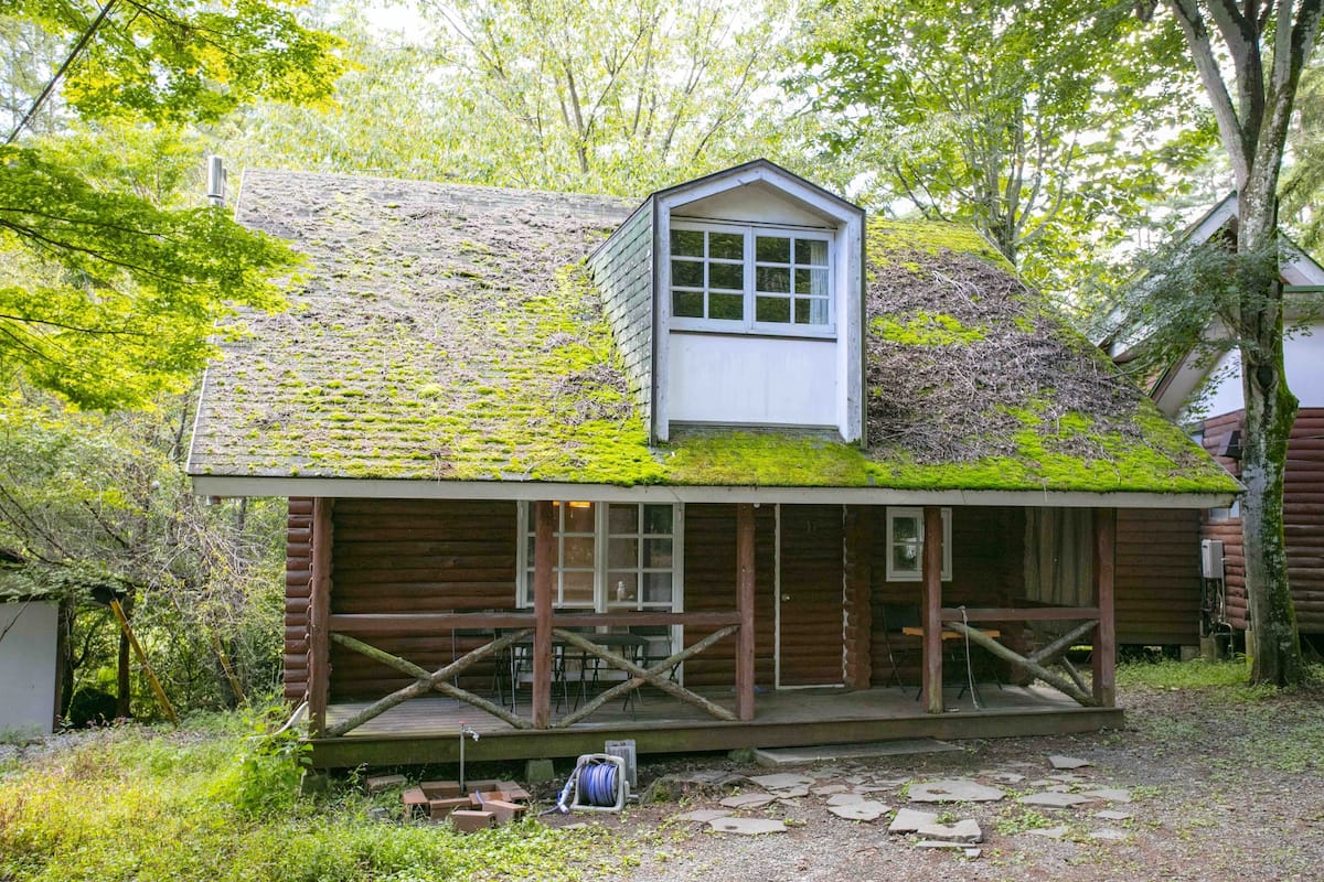 A rustic cabin with a moss-covered roof, wooden walls, and a small attached shed.