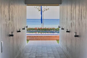 On the beach, black sand