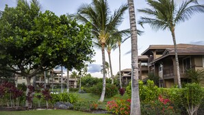 A resort with multiple-story buildings, palm trees, and a well-maintained garden with various plants and flowers.