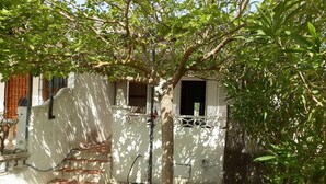 Edifício branco com escadaria que leva a uma porta, cercado por vegetação e uma árvore.