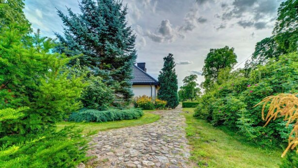 Ein steiniger Weg führt zu einem Haus, das von üppigem Grün und Bäumen umgeben ist.