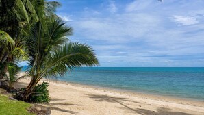 A beach with clear blue water, sandy shore, and palm trees. - Thai Style Wooden Beachfront Villa with Private Sala (Koh Samui)