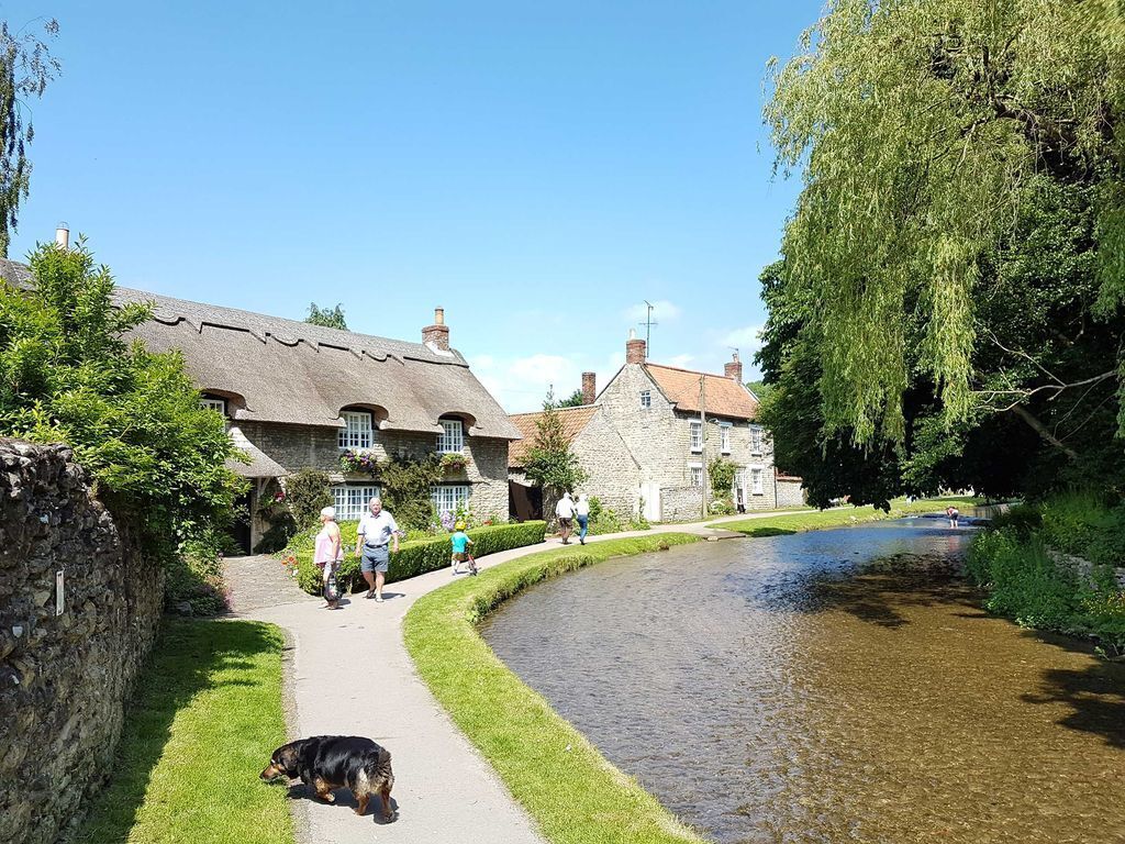 A quaint village with stone buildings, a canal, and a dog on a path.