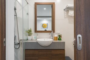 Chuveiro, produtos de toalete grátis, secador de cabelo 