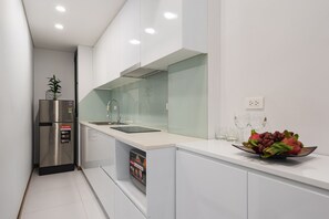 Fridge, microwave, stovetop, electric kettle