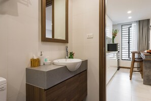 Shower, free toiletries, hair dryer, bathrobes