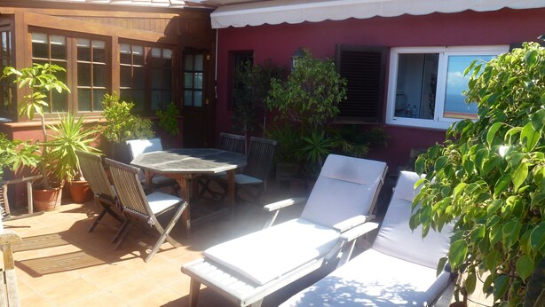 Un patio con mesa y sillas, sillones de descanso y plantas en macetas.