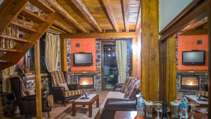Un salon chaleureux avec une cheminée, des fauteuils confortables et un téléviseur.