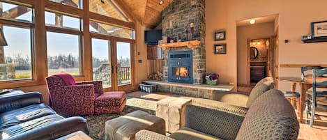 TV, fireplace, books, video library