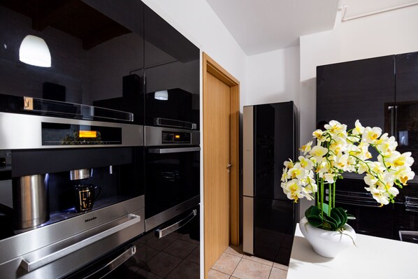 Fridge, microwave, dining tables