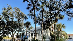 A building with a porch, surrounded by palm trees and other vegetation.