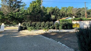 Una zona residencial con camino de grava, una casa blanca con techo rojo y abundante vegetación, incluyendo árboles altos y arbustos.
