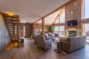 TV, fireplace, foosball, books