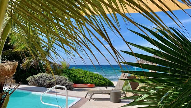 A poolside area with a clear view of the ocean, surrounded by sand and palm trees.