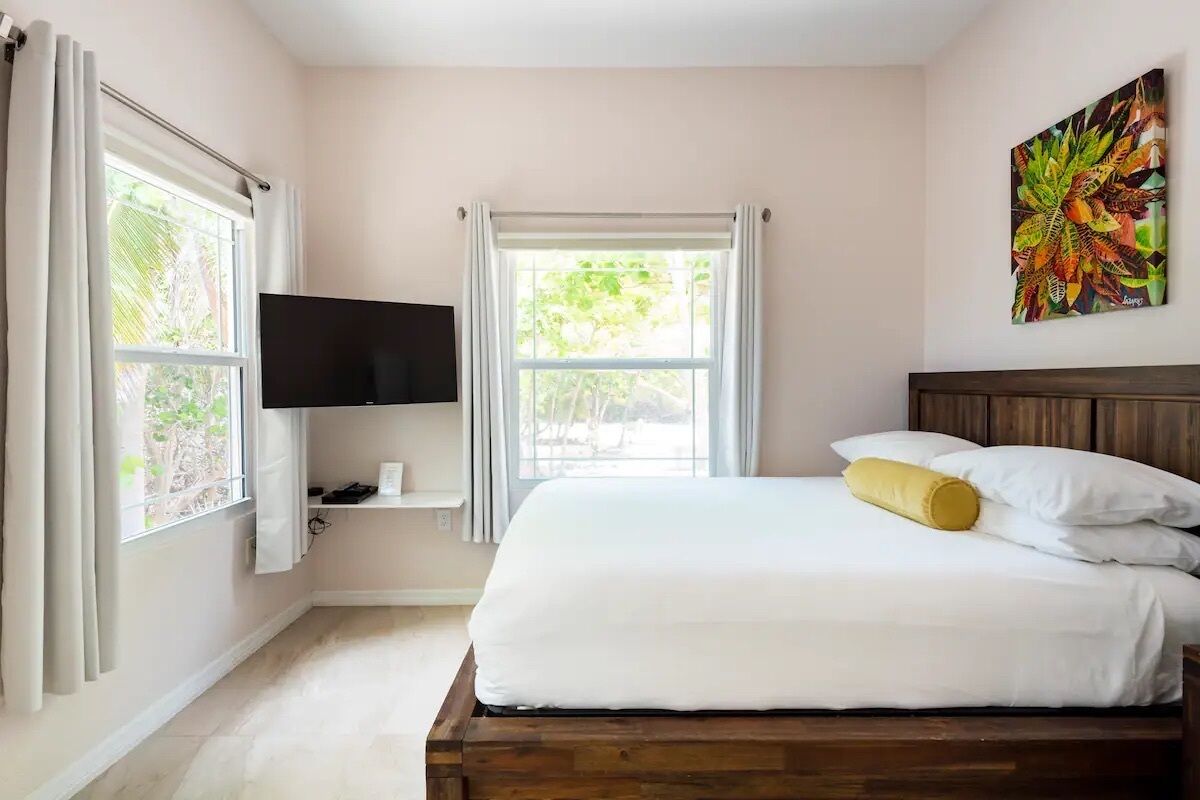 Un dormitorio con cama, televisor, ventana con cortinas y un cuadro en la pared.