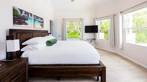 A bedroom with a wooden bed, white bedding, a ceiling fan, a TV, and large windows with curtains.