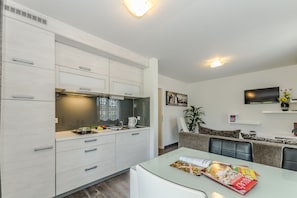 Luxury Apartment | Private kitchen | Full-size fridge, microwave, stovetop, dishwasher