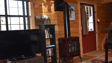 Smart TV, fireplace, DVD player, books