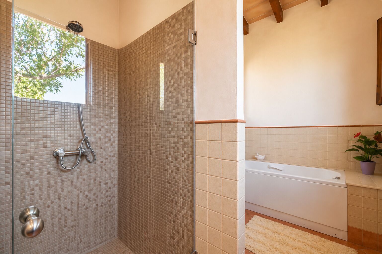 Shower, jetted tub, hair dryer, bidet