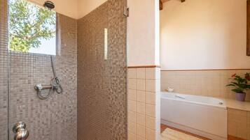 Shower, jetted tub, hair dryer, bidet